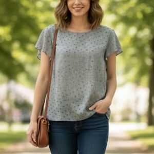 Vintage Black & White Polka Dot Houndstooth Plaid Silky Short Sleeve Blouse